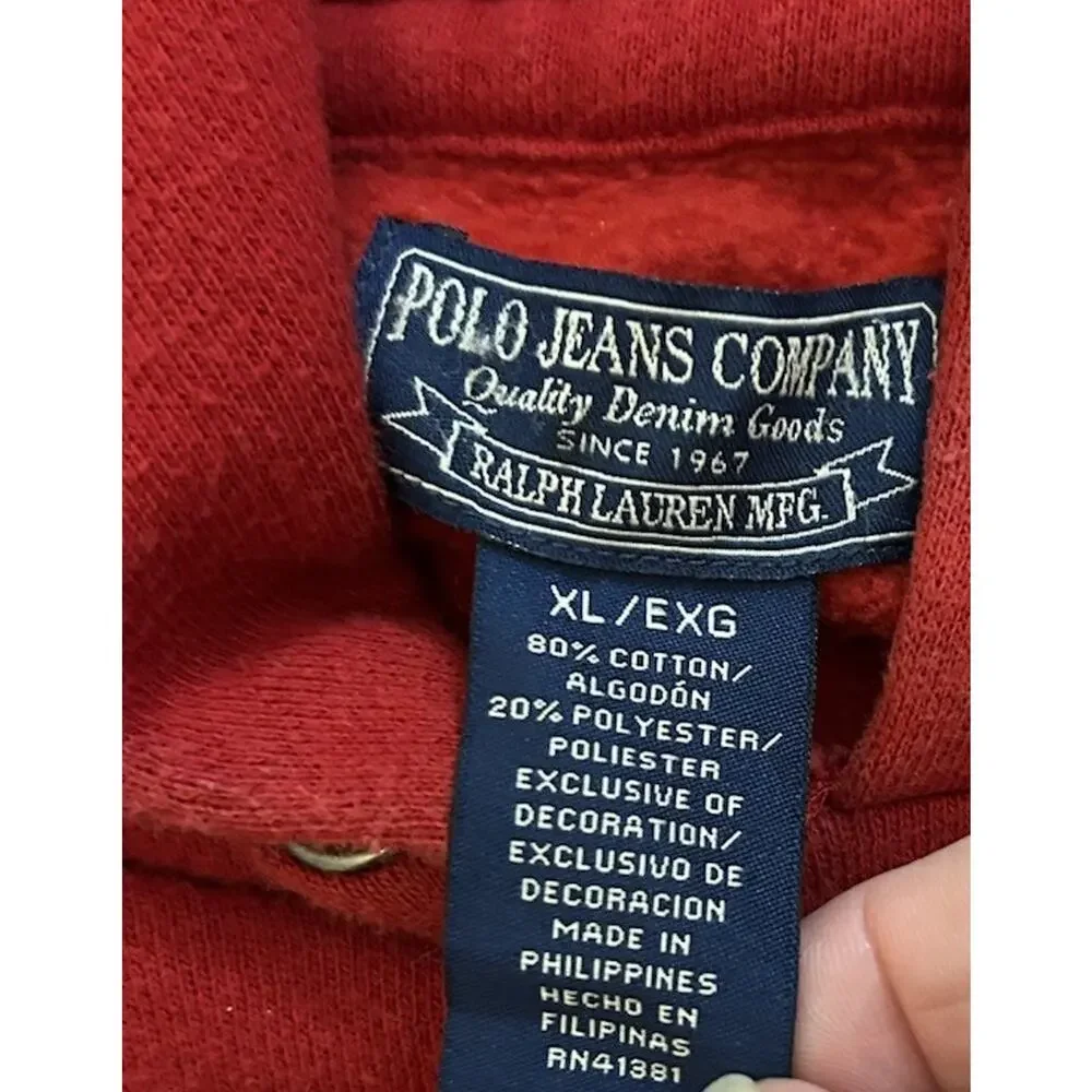 VTG RARE Polo Ralph Lauren Hoodie Sweatshirt Oversize Red DEADSTOCK 90s Label XL